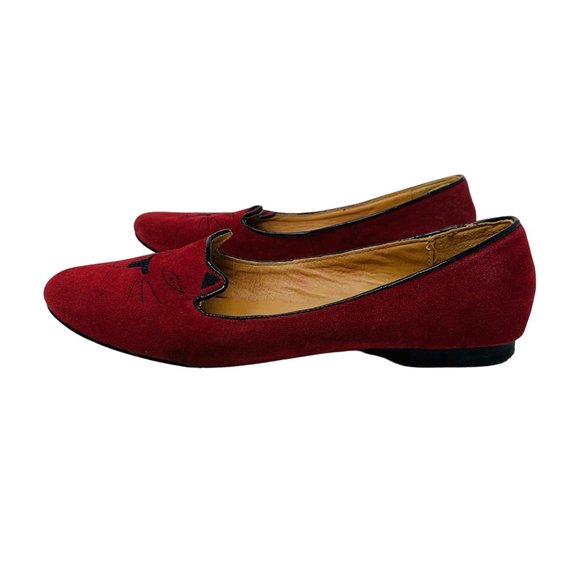 C Label Cat Face Loafer Flats Burgundy Red Faux Suede Women's Shoes 9 - Picture 6 of 13